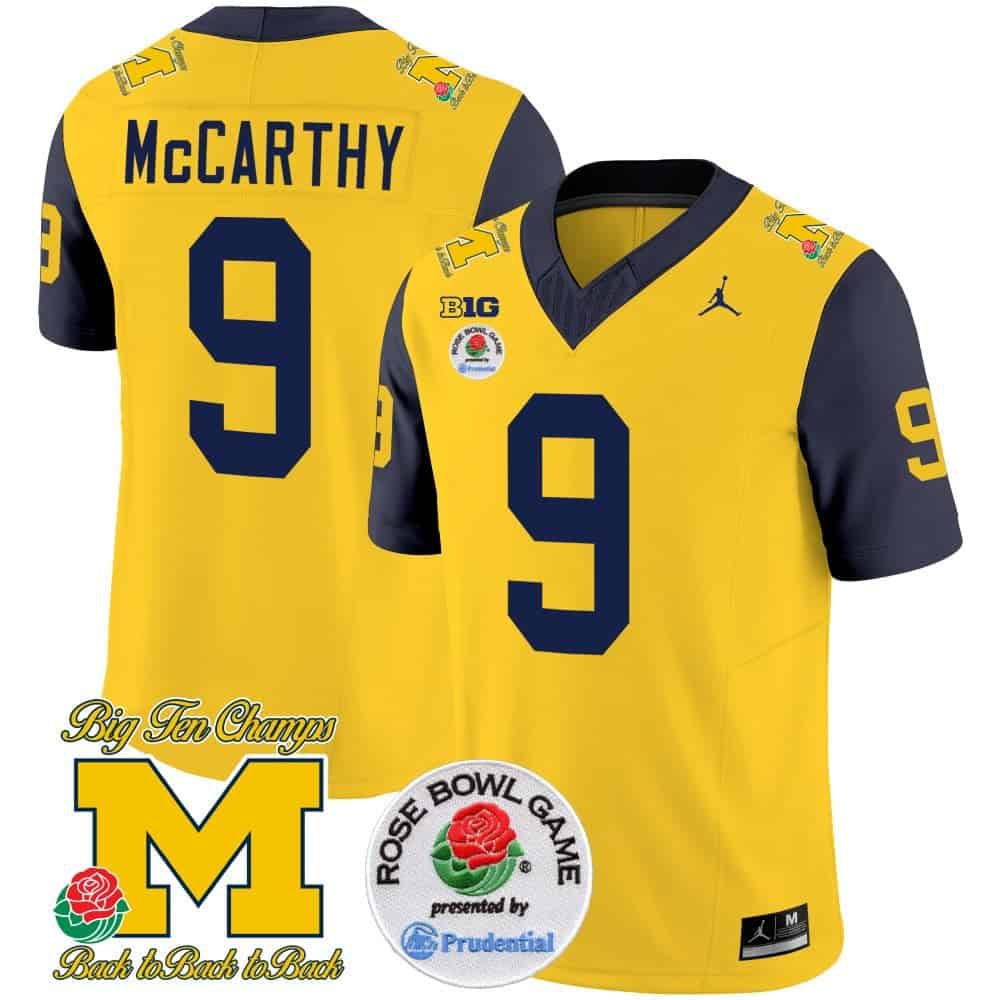 Men Michigan Wolverines #9 Mccarthy Yellow 2024 Rose Bowl Patch Vapor Limited NCAA Jersey style 1
